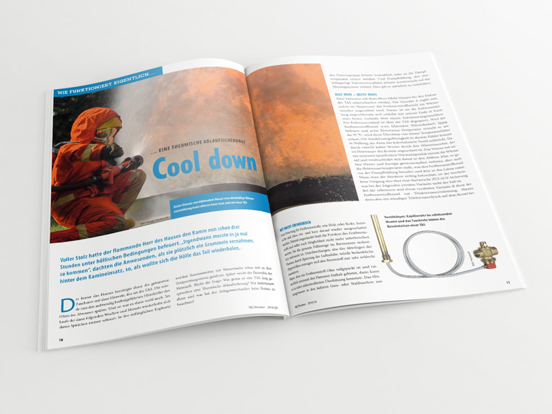 Broschüre mit aufgeschlagenem Artikel „Thermische Ablaufsicherung – Cool down“