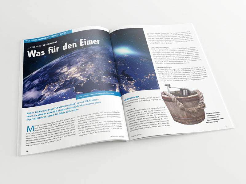 Broschüre mit aufgeschlagenem Artikel „Wie funktioniert eigentlich eine Nachtabsenkung – Was für den Eimer“