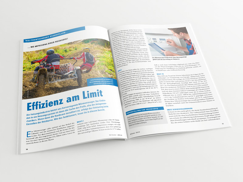 Broschüre mit aufgeschlagenem Artikel „Anpassung einer Heizkurve – Effizienz am Limit“