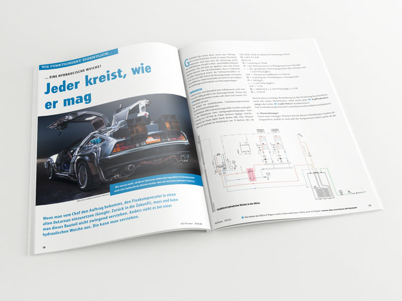 Broschüre mit aufgeschlagenem Artikel „Wie funktioniert eine hydraulische Weiche?“