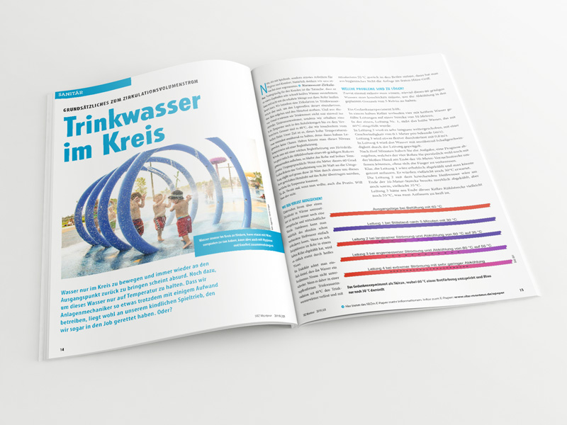 Broschüre mit aufgeschlagenem Artikel „Zirkulationsvolumenstrom – Trinkwasser im Kreis“