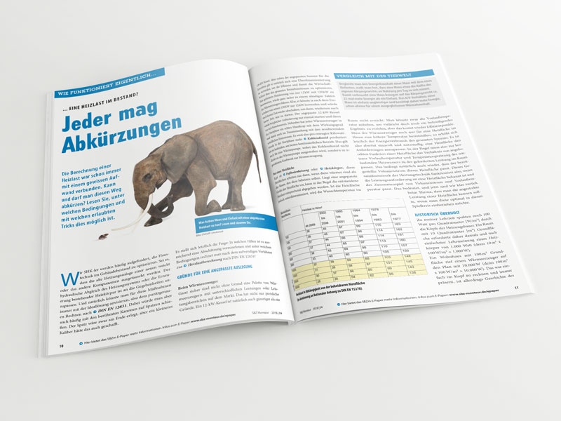 Broschüre mit aufgeschlagenem Artikel „Wie funktioniert eine Heizlast im Bestand?“