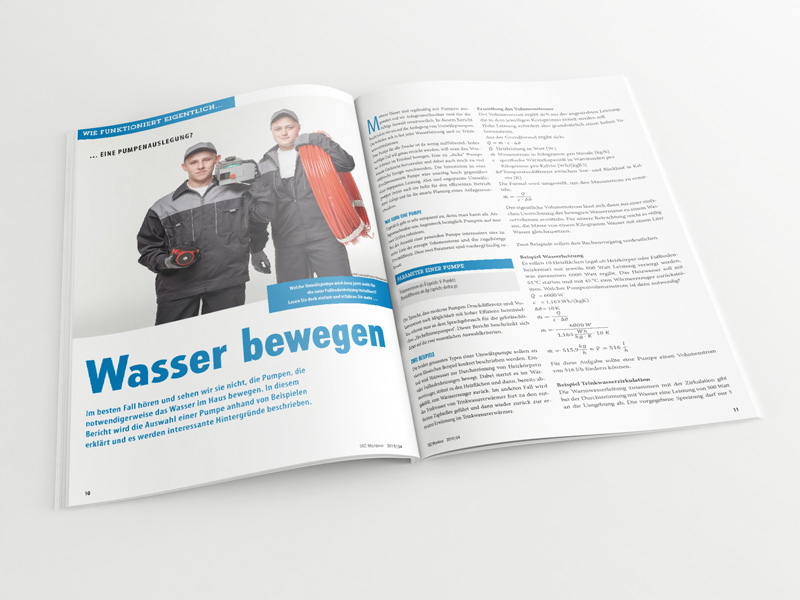 Broschüre mit aufgeschlagenem Artikel „Pumpenauslegung – Wasser bewegen“