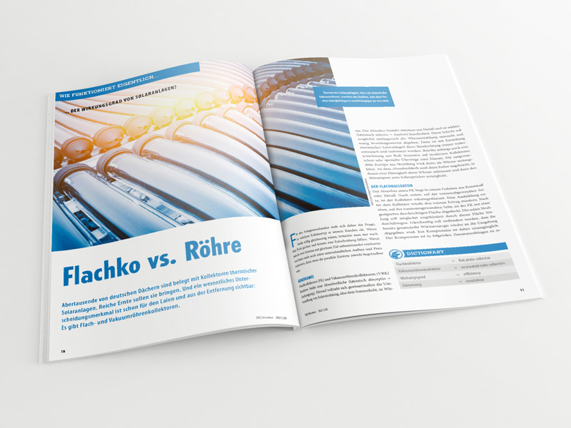 Broschüre mit aufgeschlagenem Artikel „Thermische Solaranlagen“