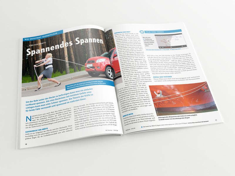 Broschüre mit aufgeschlagenem Artikel „Seilkraft – spannendes Spannen“