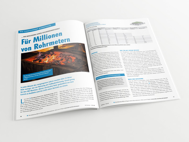 Broschüre mit aufgeschlagenem Artikel „Auslegung einer Fussbodenheizung – für Millionen von Rohrmetern“