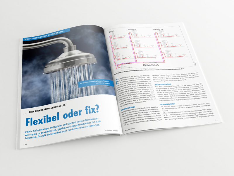 Broschüre mit aufgeschlagenem Artikel „Zirkulationshydraulik – flexibel oder fix?“