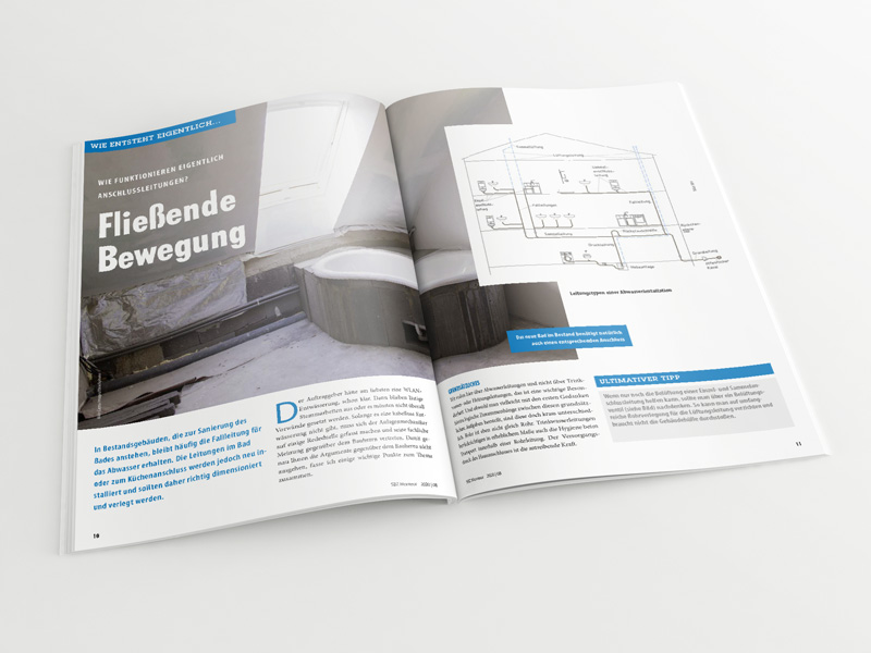 Broschüre mit aufgeschlagenem Artikel „Anschlussleitungen – Fließende Bewegungen“