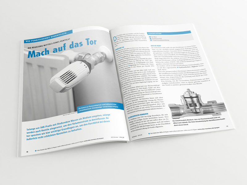 Broschüre mit aufgeschlagenem Artikel „Die Regelung mittels eines Ventils – Mach auf das Tor“