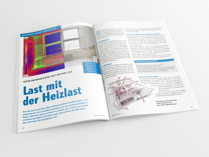 Broschüre mit aufgeschlagenem Artikel „Fakten zur Heizlastberechnung“