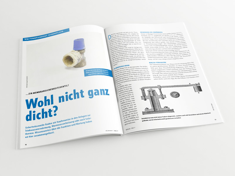 Broschüre mit aufgeschlagenem Artikel „Membransicherheitsventil – Wohl nicht ganz dicht?“