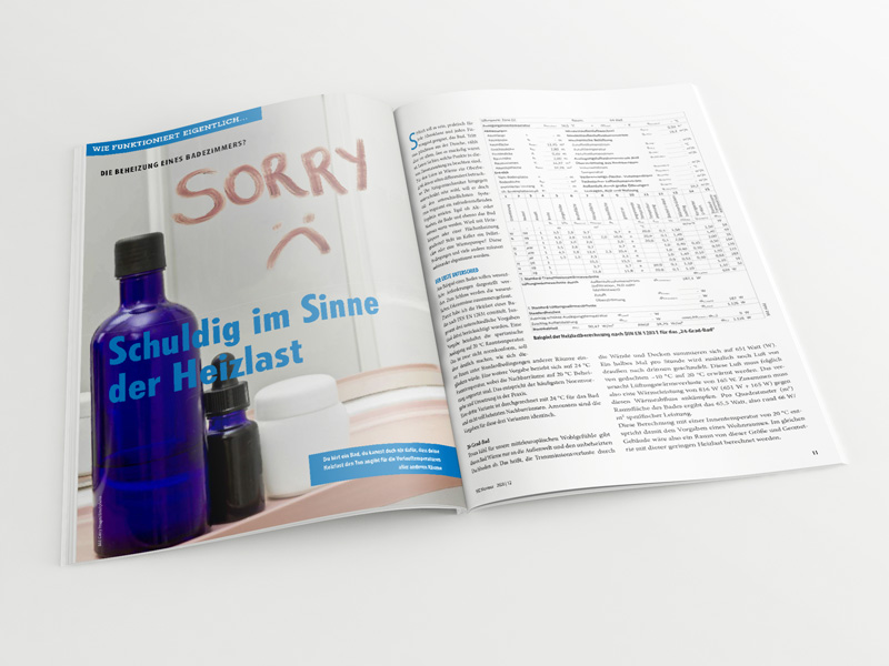 Broschüre mit aufgeschlagenem Artikel „Beheizung eines Badezimmers – Schuldig im Sinne der Heizlast“