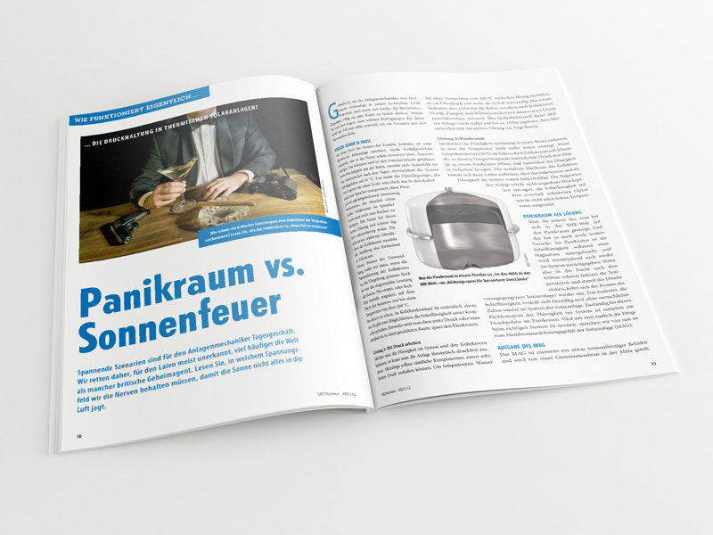 Broschüre mit aufgeschlagenem Artikel „Druckhaltung in thermischen Solaranlagen“
