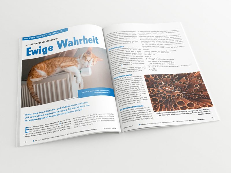 Aufgeschlagene Broschüre mit Artikel „Temperaturspreizung – Ewige Wahrheit“