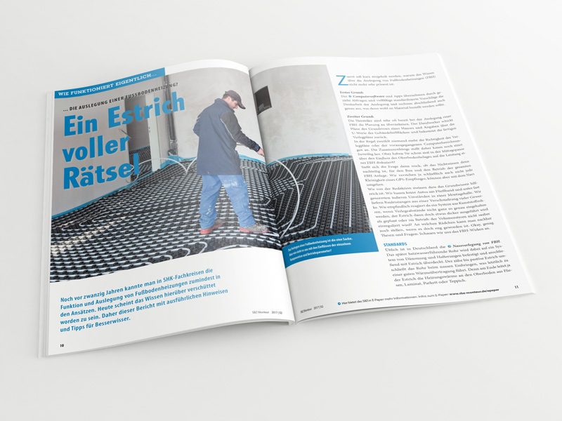 Broschüre mit aufgeschlagenem Artikel „Fußbodenheizung – Ein Estrich voller Rätsel“