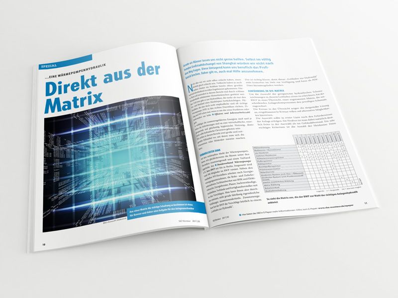 Broschüre mit aufgeschlagenem Artikel „Wärmepumpenhydraulik – Direkt aus der Matrix“