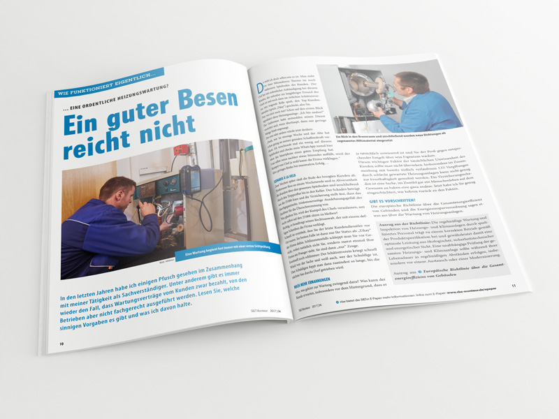 Broschüre mit aufgeschlagenem Artikel „Heizungswartung – Ein guter Besen reicht nicht“
