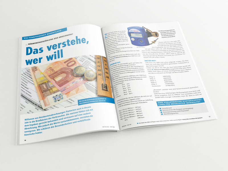 Broschüre mit aufgeschlagenem Artikel „Wärmemengenzählung und Abrechnung – Das verstehe, wer will“