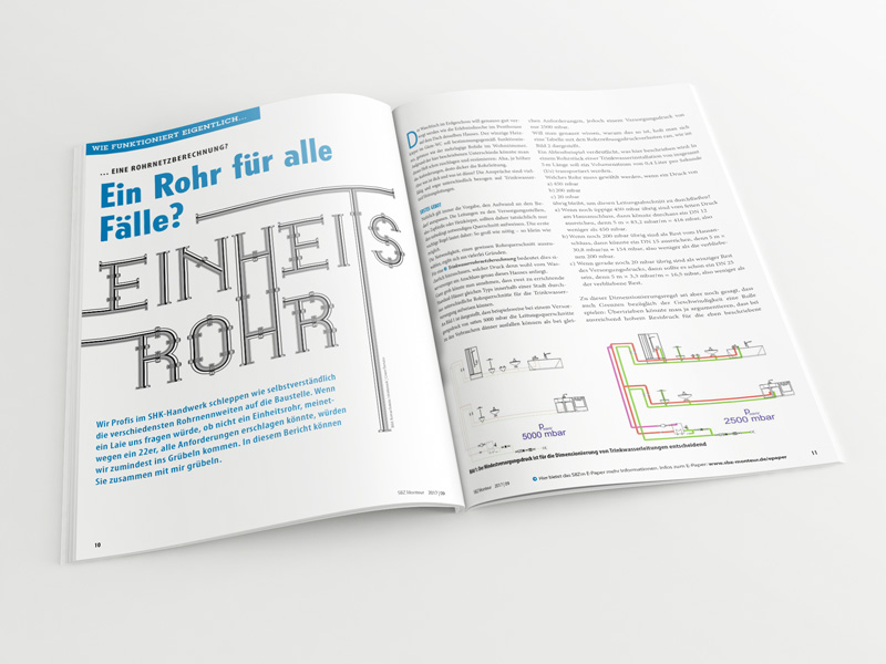 Broschüre mit aufgeschlagenem Artikel „Rohrnetzberechnung – Ein Rohr für alle Fälle?“