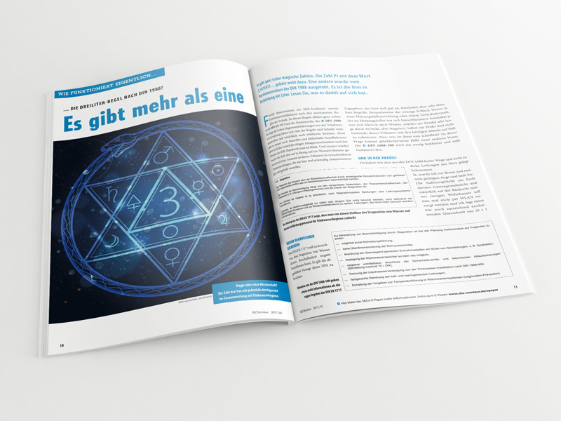 Broschüre mit aufgeschlagenem Artikel „Die Drei-Liter-Regel – Es gibt mehr als eine“