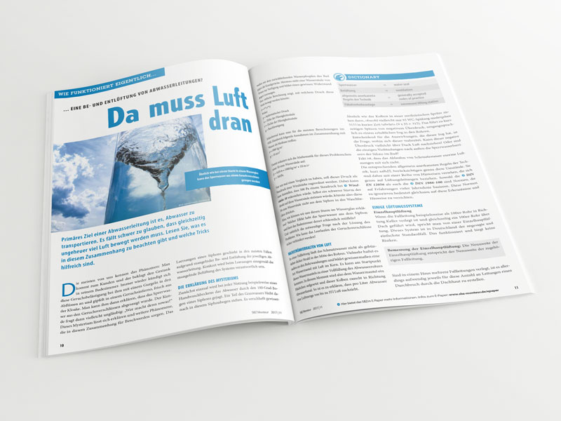 Broschüre mit aufgeschlagenem Artikel „Be- und Entlüftung von Abwasserleitungen?“